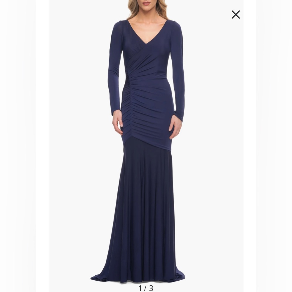 New! La Femme‎ 30010 Ruched Jersey Long Sleeve Gown Dress Navy Sz 14 $398